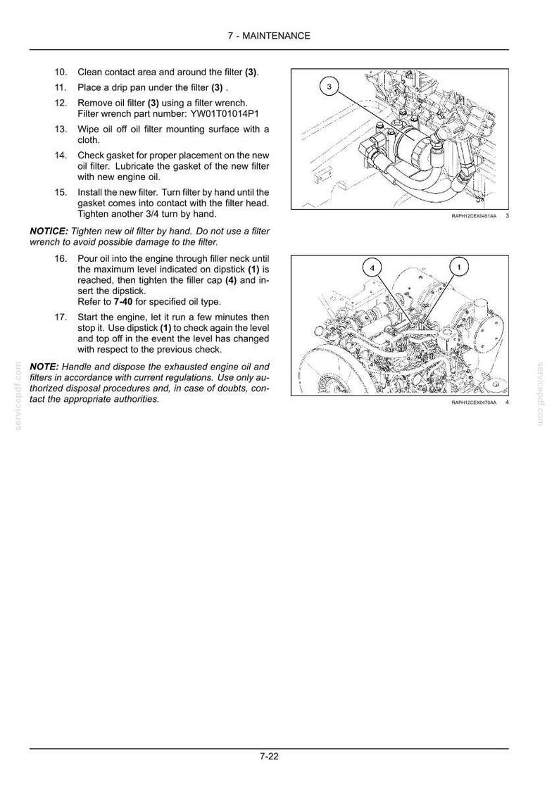 May include: A technical maintenance page titled 7-MAINTENANCE containing numbered instructions for changing an oil filter and engine oil. It features two black and white line drawings of an engine with labeled components 1, 3, and 4.