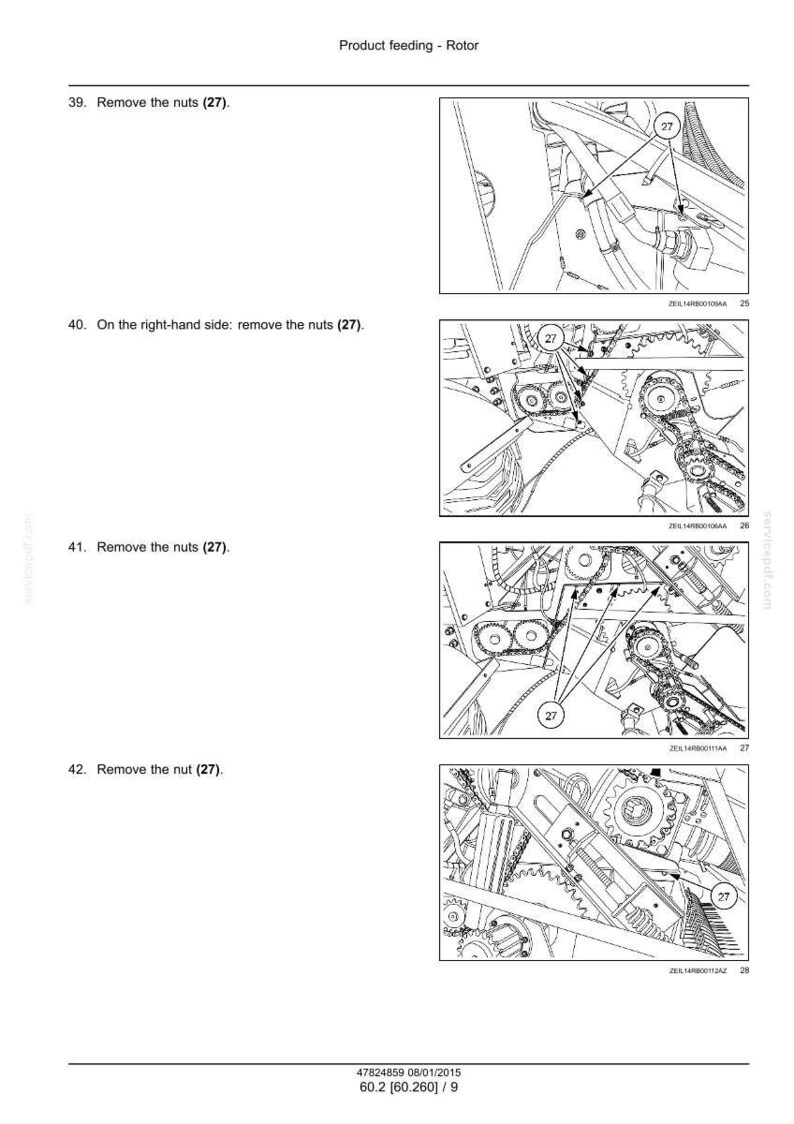 May include: Diagram of a mechanical component with arrows pointing to nuts labeled (27). The text reads "Product feeding - Rotor" and instructions to remove the nuts. The image is a technical illustration.