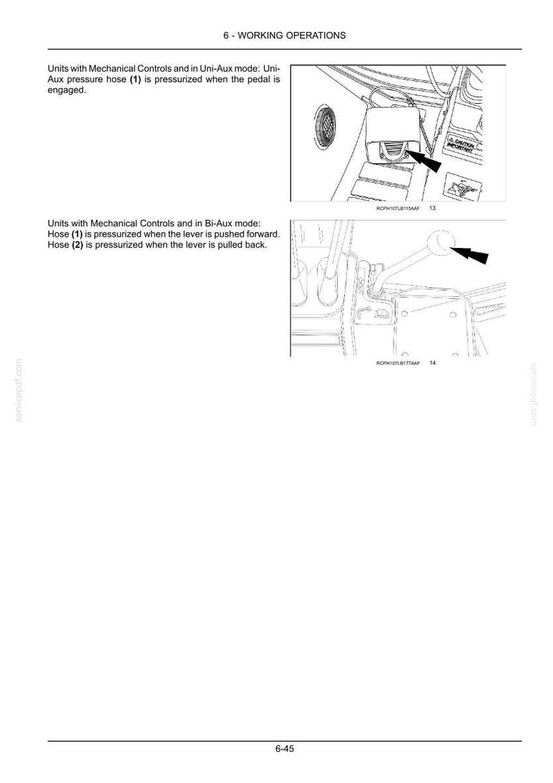May include: Diagram from a manual showing working operations. The image includes two diagrams with arrows pointing to specific parts. Text describes the function of the parts in Uni-Aux and Bi-Aux modes. The page number is 6-45.