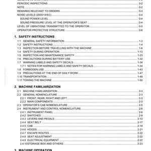 May include: Index page from a manual, with a list of contents including safety instructions, machine familiarization, and machine operation. The text is black on a white background.