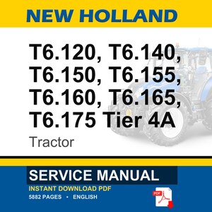 Puede incluir: La imagen muestra un tractor azul y blanco con el texto "NEW HOLLAND" en la parte superior. La imagen enumera los modelos de tractores T6.120, T6.140, T6.150, T6.155, T6.160, T6.165 y T6.175 Tier 4A. La secci&oacute;n inferior dice "SERVICE MANUAL".