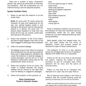 May include: A printed page with the title "HYDRAULIC SYSTEM CHECKS AND PRESSURE SETTING TESTS." The text details system checks, including reservoir levels, filter conditions, and oil leakage, along with a list of potential contaminants.