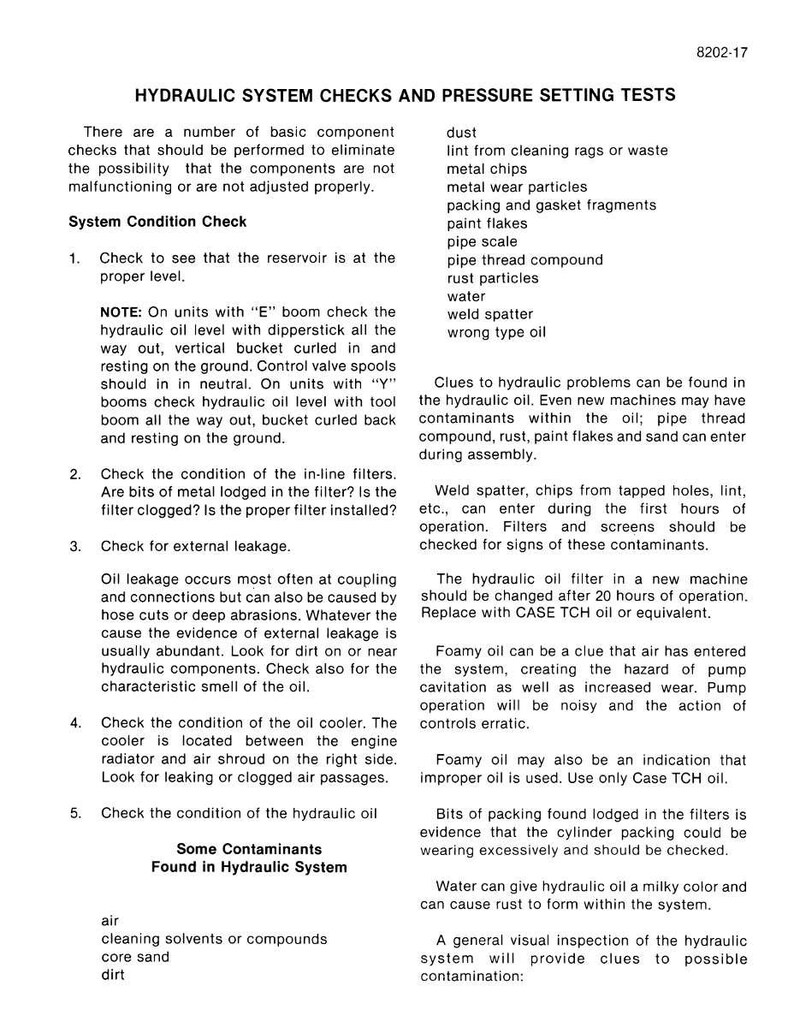May include: A printed page with the title "HYDRAULIC SYSTEM CHECKS AND PRESSURE SETTING TESTS." The text details system checks, including reservoir levels, filter conditions, and oil leakage, along with a list of potential contaminants.