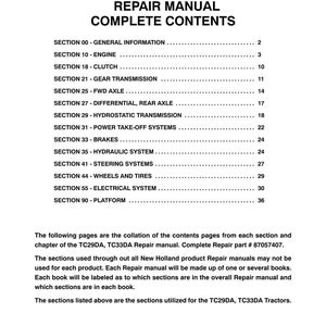 May include: A black and white document titled TC29DA, TC33DA REPAIR MANUAL COMPLETE CONTENTS. It lists sections from 00 to 90, including engine, clutch, transmission, axles, brakes, hydraulics, steering, wheels, and electrical systems for tractors.