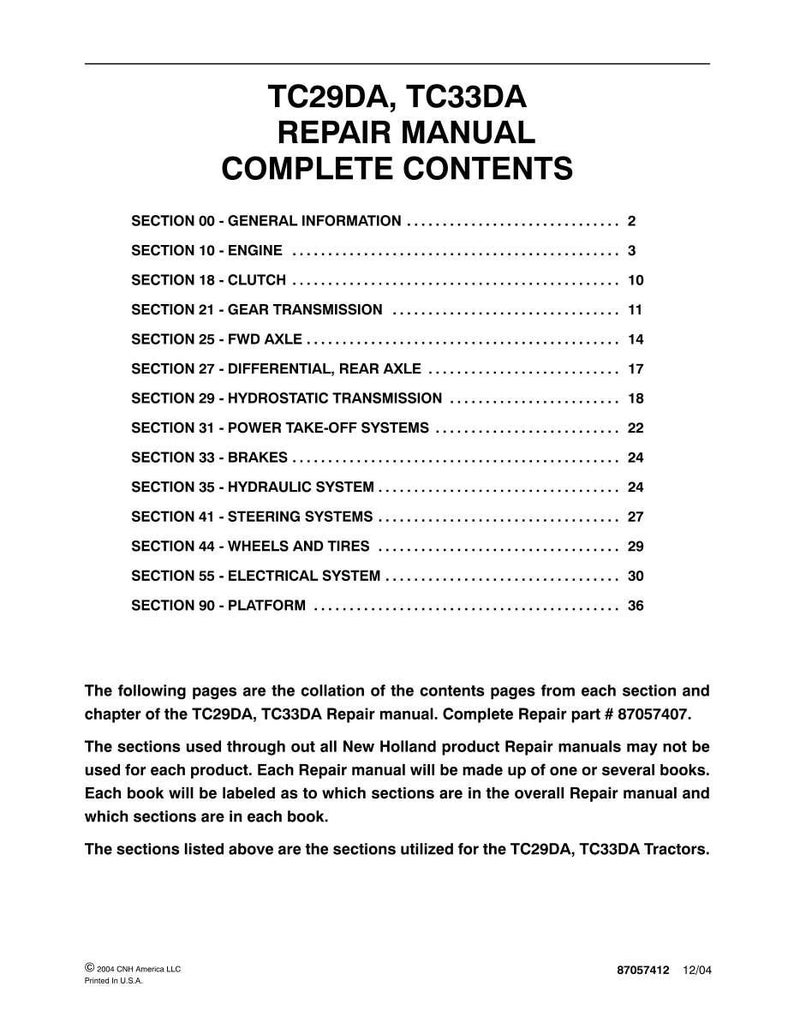 May include: A black and white document titled TC29DA, TC33DA REPAIR MANUAL COMPLETE CONTENTS. It lists sections from 00 to 90, including engine, clutch, transmission, axles, brakes, hydraulics, steering, wheels, and electrical systems for tractors.