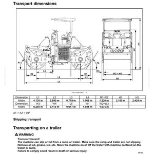 May include: Diagram of a CASE road roller, showing dimensions in meters. The diagram includes front and side views, with labeled measurements for length, width, and height. Text includes transport operations and safety warnings.
