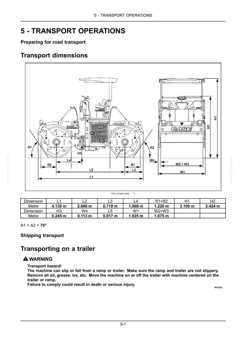 May include: Diagram of a CASE road roller, showing dimensions in meters. The diagram includes front and side views, with labeled measurements for length, width, and height. Text includes transport operations and safety warnings.