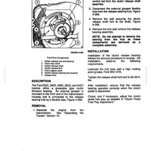May include: Diagram of a clutch release bearing assembly with labels and instructions. Includes a detailed illustration of the front end components, with numbered parts and a description of the removal and installation process.