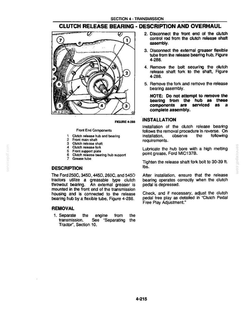 May include: Diagram of a clutch release bearing assembly with labels and instructions. Includes a detailed illustration of the front end components, with numbered parts and a description of the removal and installation process.