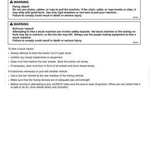 May include: A technical document page titled 5 - TRANSPORT OPERATIONS, Recovery and towing. It contains two warning boxes regarding flying objects and roll-over hazards, followed by bulleted instructions on how to free a stuck tractor safely.