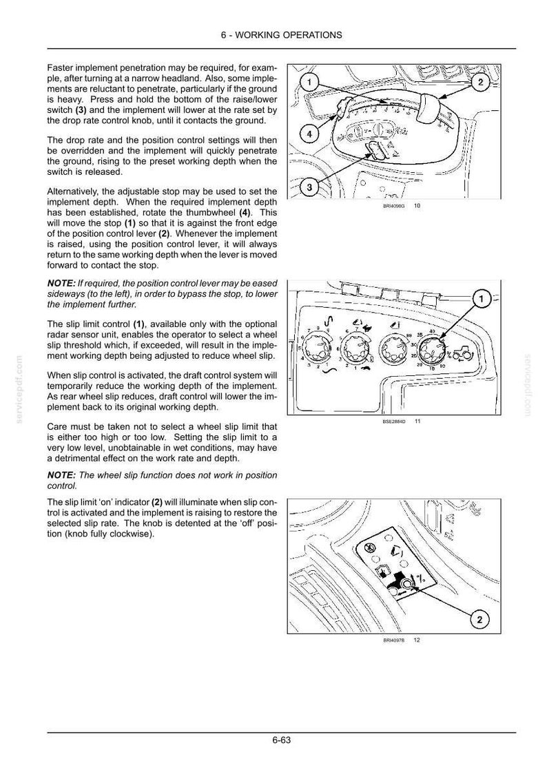 Puede incluir: Una p&aacute;gina de manual t&eacute;cnico titulada 6-WORKING OPERATIONS que presenta tres diagramas en blanco y negro de paneles de control de tractores. Las im&aacute;genes muestran componentes numerados, incluyendo palancas, interruptores y diales.