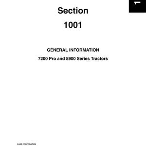 K&ouml;nnte beinhalten: Ein wei&szlig;es Dokument mit der &Uuml;berschrift "Section 1001" in fetter schwarzer Schrift. Darunter steht "GENERAL INFORMATION" und listet "7200 Pro and 8900 Series Tractors" auf. Das Dokument enth&auml;lt Firmeninformationen und einen Copyright-Hinweis.