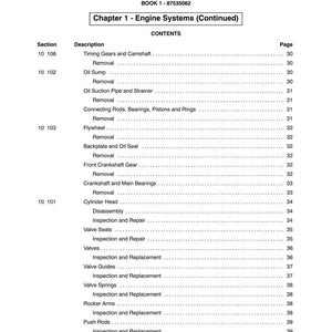 May include: A page from a manual titled "SECTION 10 - ENGINE" with a table of contents for engine systems. The table lists components like timing gears, oil sump, and cylinder head, with corresponding page numbers.