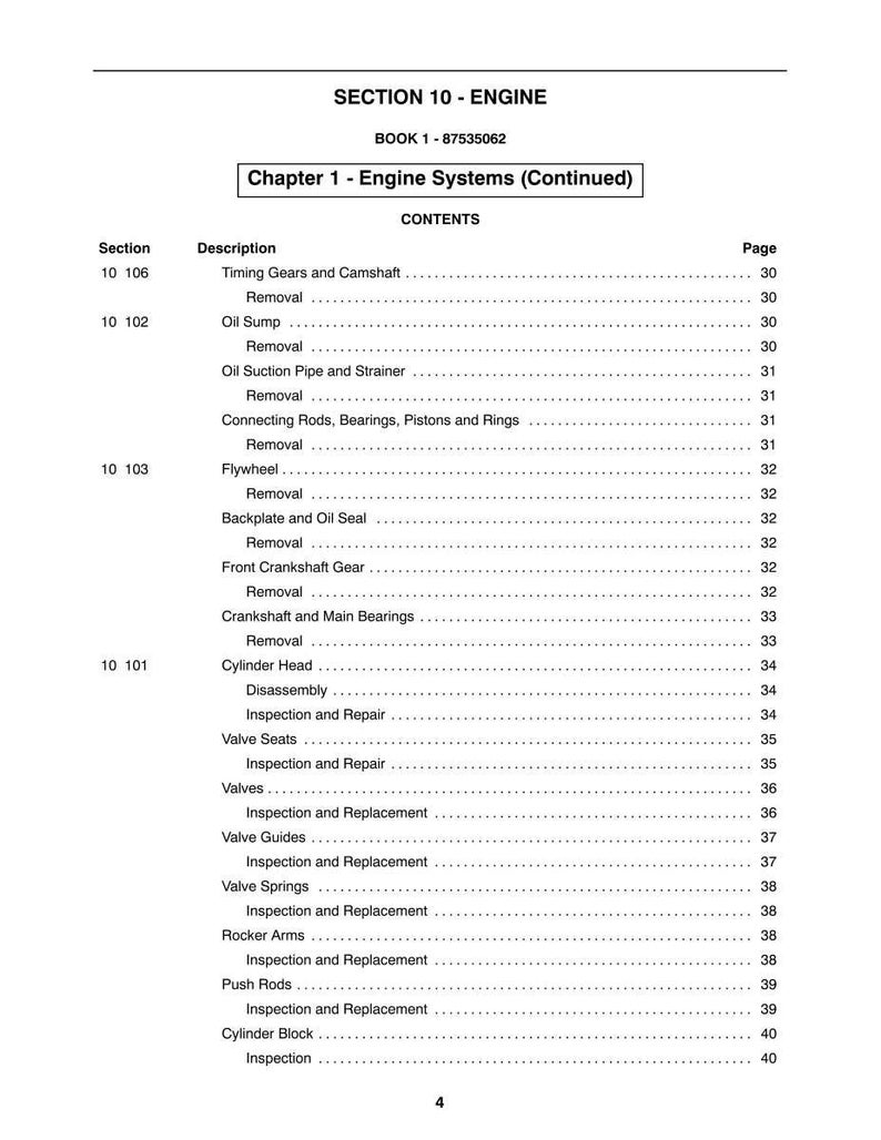 May include: A page from a manual titled "SECTION 10 - ENGINE" with a table of contents for engine systems. The table lists components like timing gears, oil sump, and cylinder head, with corresponding page numbers.