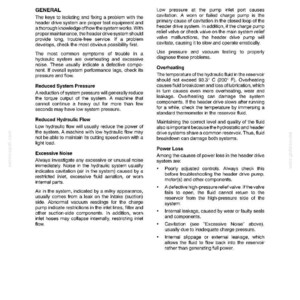 May include: A page from a manual titled "Hydraulic Systems - Chapter 1" with troubleshooting information. The text discusses issues like reduced pressure, overheating, and power loss in hydraulic systems. The page is white with black text.