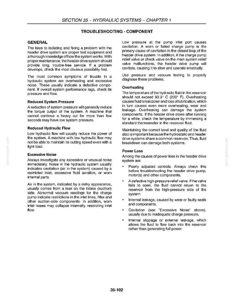 May include: A page from a manual titled "Hydraulic Systems - Chapter 1" with troubleshooting information. The text discusses issues like reduced pressure, overheating, and power loss in hydraulic systems. The page is white with black text.