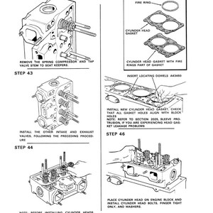 May include: Black and white technical illustration of engine assembly steps. Includes diagrams of cylinder heads, gaskets, and valve components. Text instructions detail the process, including removing the spring compressor and installing valves.