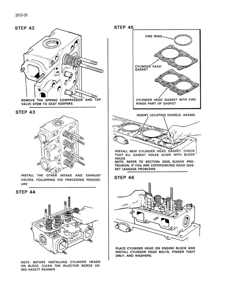 May include: Black and white technical illustration of engine assembly steps. Includes diagrams of cylinder heads, gaskets, and valve components. Text instructions detail the process, including removing the spring compressor and installing valves.