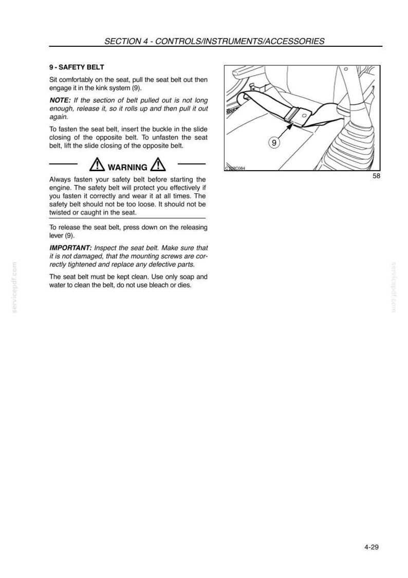 May include: Diagram illustrating a car's safety belt system, showing the belt, buckle, and associated parts. The image includes a warning symbol and instructions. Text reads "SECTION 4 - CONTROLS/INSTRUMENTS/ACCESSORIES".