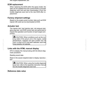 May include: A white document with the title "Electrical systems - Electrical system" and sections on engine replacement, ECM replacement, and actuator tests. Includes warnings and instructions for automotive diagnostics.