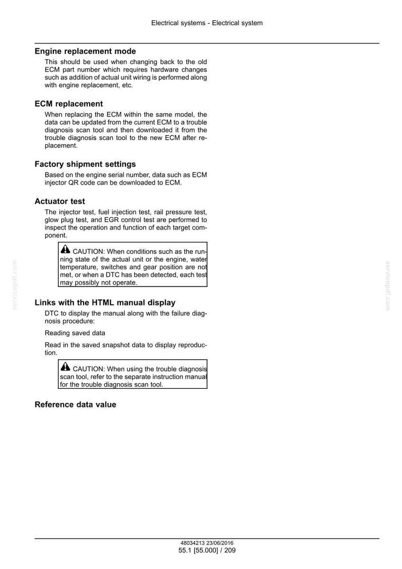 May include: A white document with the title "Electrical systems - Electrical system" and sections on engine replacement, ECM replacement, and actuator tests. Includes warnings and instructions for automotive diagnostics.