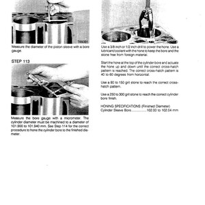 May include: A page from a manual detailing engine cylinder honing. The image shows steps for measuring and honing a cylinder bore, including the use of a bore gauge, micrometer, and drill. Text includes honing specifications and measurements in inches.