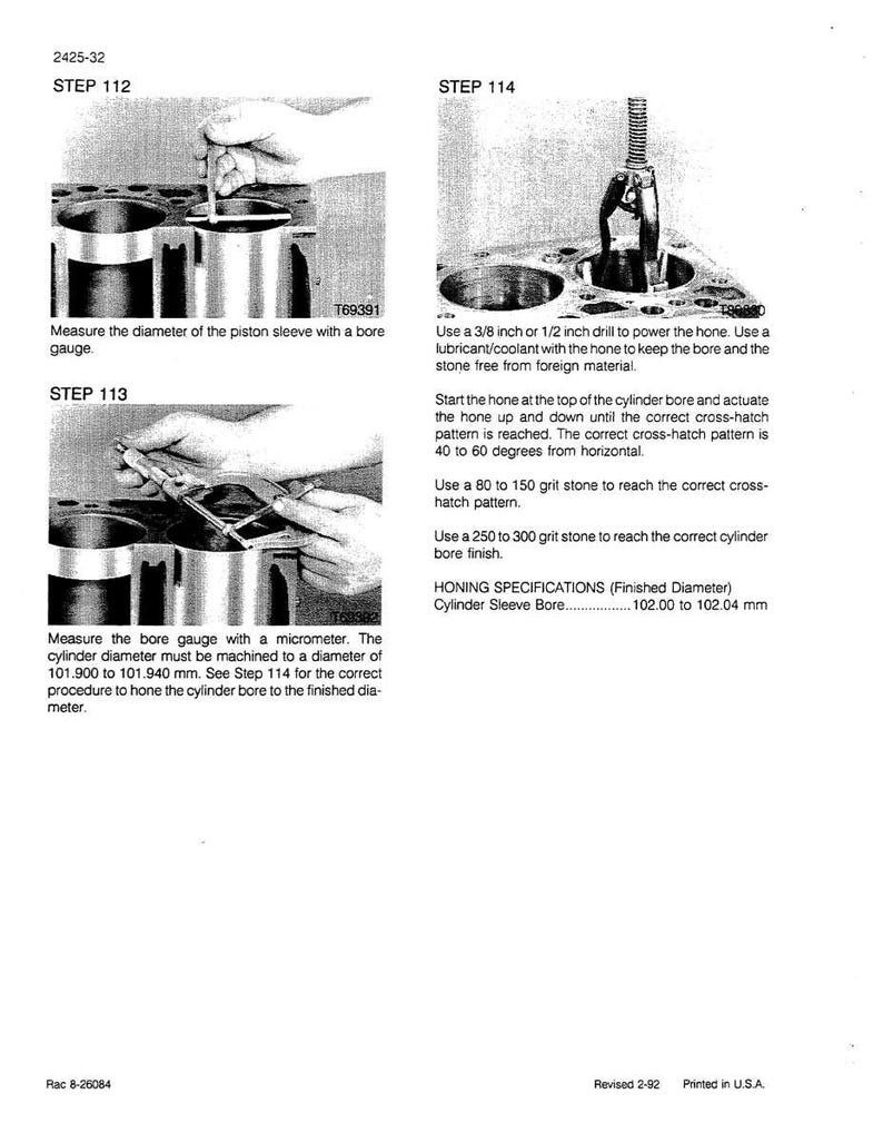 May include: A page from a manual detailing engine cylinder honing. The image shows steps for measuring and honing a cylinder bore, including the use of a bore gauge, micrometer, and drill. Text includes honing specifications and measurements in inches.