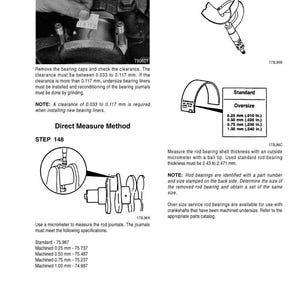 May include: Technical diagram with instructions for engine repair. Includes measurements in inches and millimeters, diagrams of tools, and text detailing procedures for checking clearances and measuring rod journals. The image is in black and white.