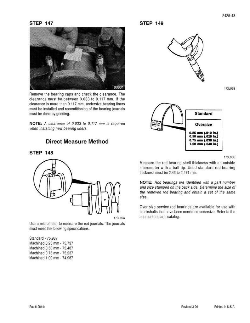 May include: Technical diagram with instructions for engine repair. Includes measurements in inches and millimeters, diagrams of tools, and text detailing procedures for checking clearances and measuring rod journals. The image is in black and white.
