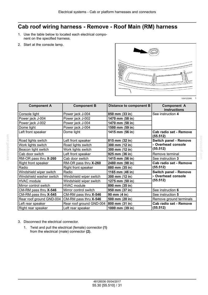 May include: Diagram of a cab roof wiring harness removal procedure. The document includes a table listing components, distances, and instructions. The image also shows a diagram of the roof area with an arrow pointing to a specific location.