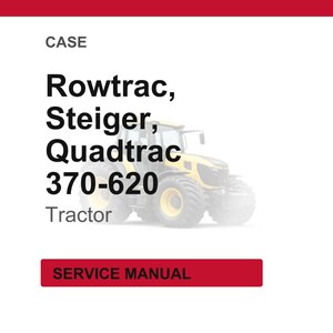 May include: Image of a yellow and black tractor with the text "Rowtrac, Steiger, Quadtrac 370-620 Tractor". The word "CASE" is at the top, and "SERVICE MANUAL" is in a red rectangle at the bottom.