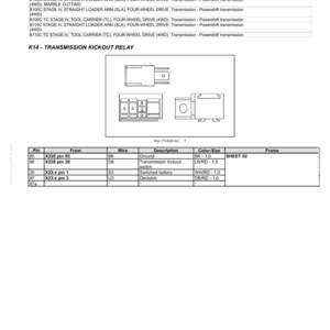May include: Diagram of wire connectors and component relays K-00 to K-99. Includes a component diagram and a table detailing pin connections, wire descriptions, and color-size specifications. The diagram is for electrical systems and harnesses.