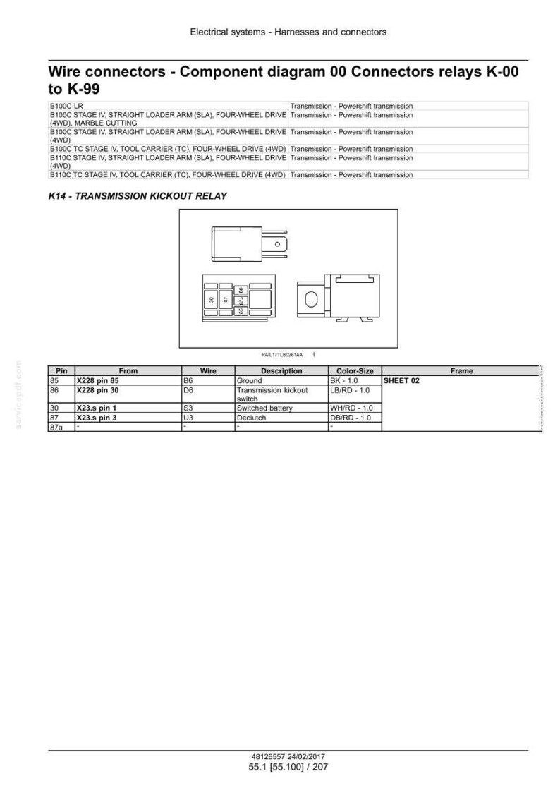 May include: Diagram of wire connectors and component relays K-00 to K-99. Includes a component diagram and a table detailing pin connections, wire descriptions, and color-size specifications. The diagram is for electrical systems and harnesses.