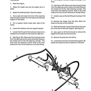 May include: Diagram of a front axle assembly with hoses, cylinders, and fittings. The image includes a numbered list of removal steps and labels for the components, such as the right and left steering cylinders. The diagram is in black and white.