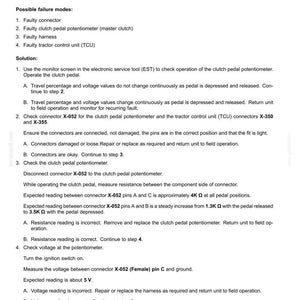 May include: A document titled "Electrical systems - FAULT CODES" with troubleshooting steps for a 2011 inching pedal sensor open circuit or short circuit to ground. Includes causes, possible failure modes, and a solution with detailed instructions.
