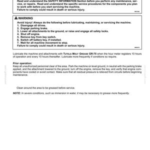 May include: A technical document page titled 7-MAINTENANCE Grease points. It contains two warning boxes with black text on a white background, outlining safety procedures for lubricating machinery, including disengaging drives and shutting off the engine.