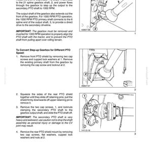 May include: A technical manual page titled SECTION 31 - POWER TAKE-OFF SYSTEMS - CHAPTER 4, featuring three black and white line drawings of a tractor PTO driveline assembly with numbered components and instructional text for configuration.