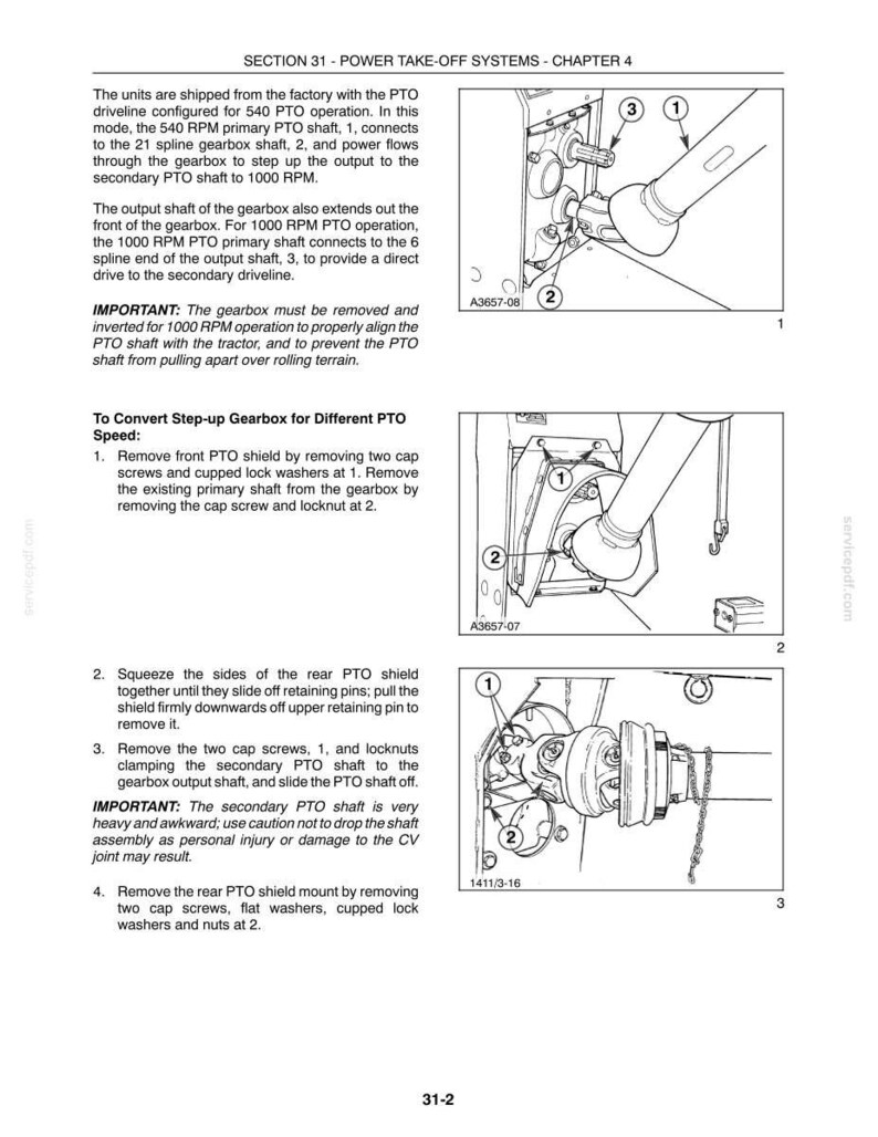 May include: A technical manual page titled SECTION 31 - POWER TAKE-OFF SYSTEMS - CHAPTER 4, featuring three black and white line drawings of a tractor PTO driveline assembly with numbered components and instructional text for configuration.