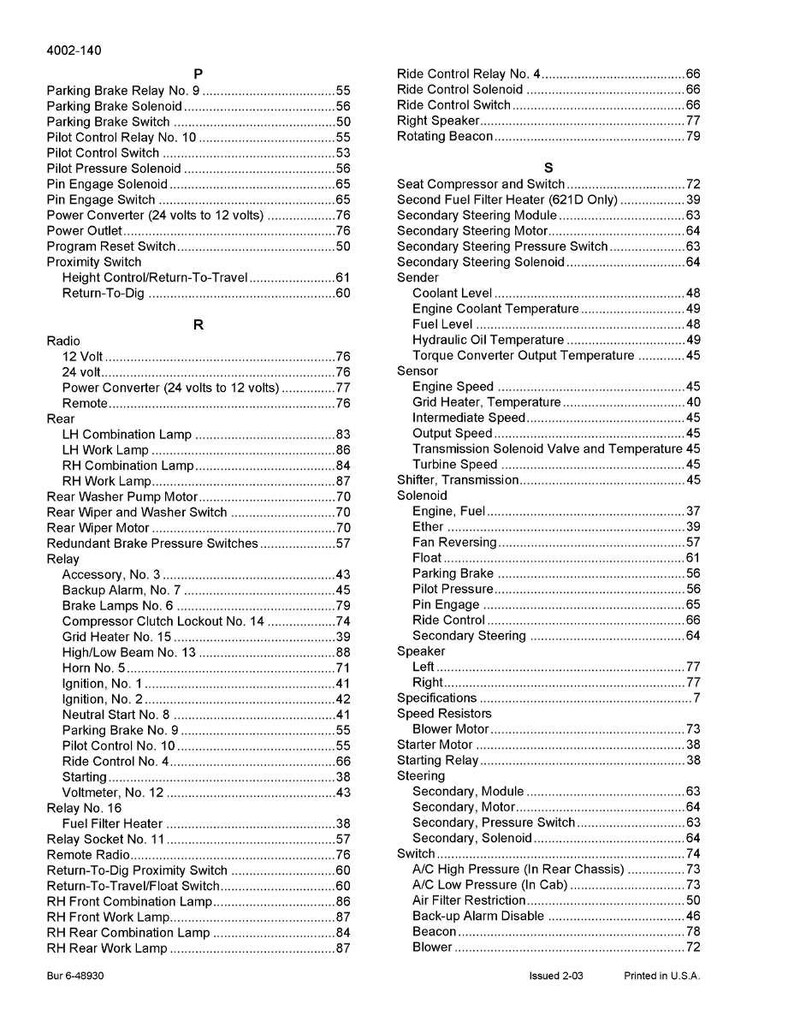 May include: A printed parts list for a vehicle, featuring a detailed index of components like relays, switches, and sensors. The document includes page numbers and is printed in the USA.