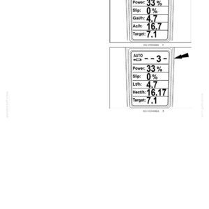 May include: A technical manual page titled 6 - WORKING OPERATIONS showing two digital display diagrams. Each display features the text AUTO, Power: 33%, Slip: 0%, and Target: 7.1. One shows Gal/h: 4.7 and Ac/h: 16.7, while the other shows Lt/h: 4.7 and Hect/h: 16.17.