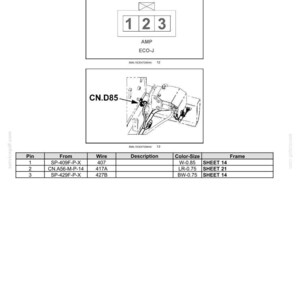 May include: Diagram of a hydraulic filter pressure sensor connector, CN.D85, with a male connector. The image includes a schematic with numbered pins, wire details, and color-size specifications for electrical systems.