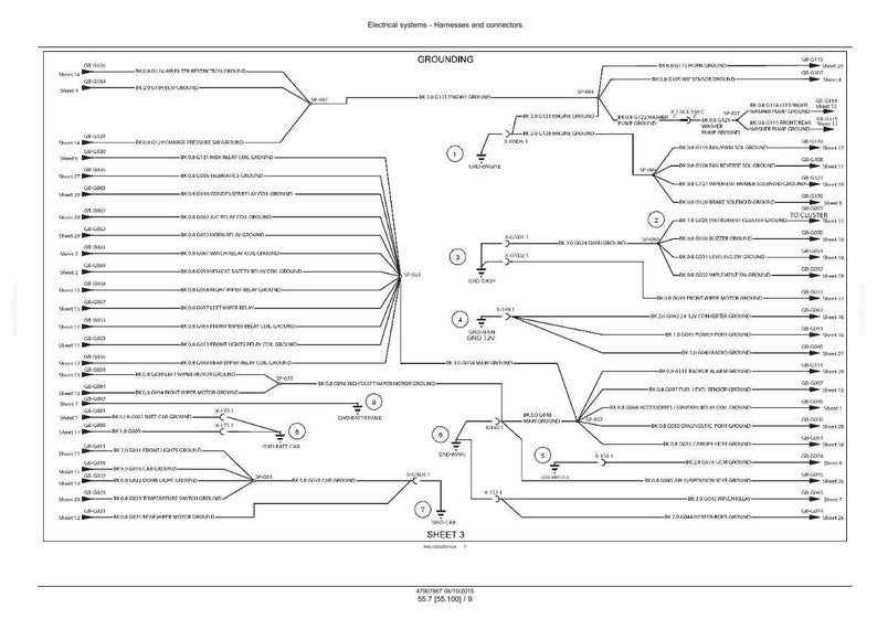 May include: A detailed electrical system diagram with the title "Electrical systems - Harnesses and connectors" and the word "GROUNDING" prominently displayed. The diagram features numerous lines, labels, and connectors, with the text "SHEET 3" at the bottom.