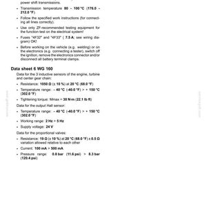 May include: A technical document with the title "Transmission - Powershift transmission." The document includes specifications for error correction, data sheets, and technical details such as temperature ranges, resistance, and voltage.
