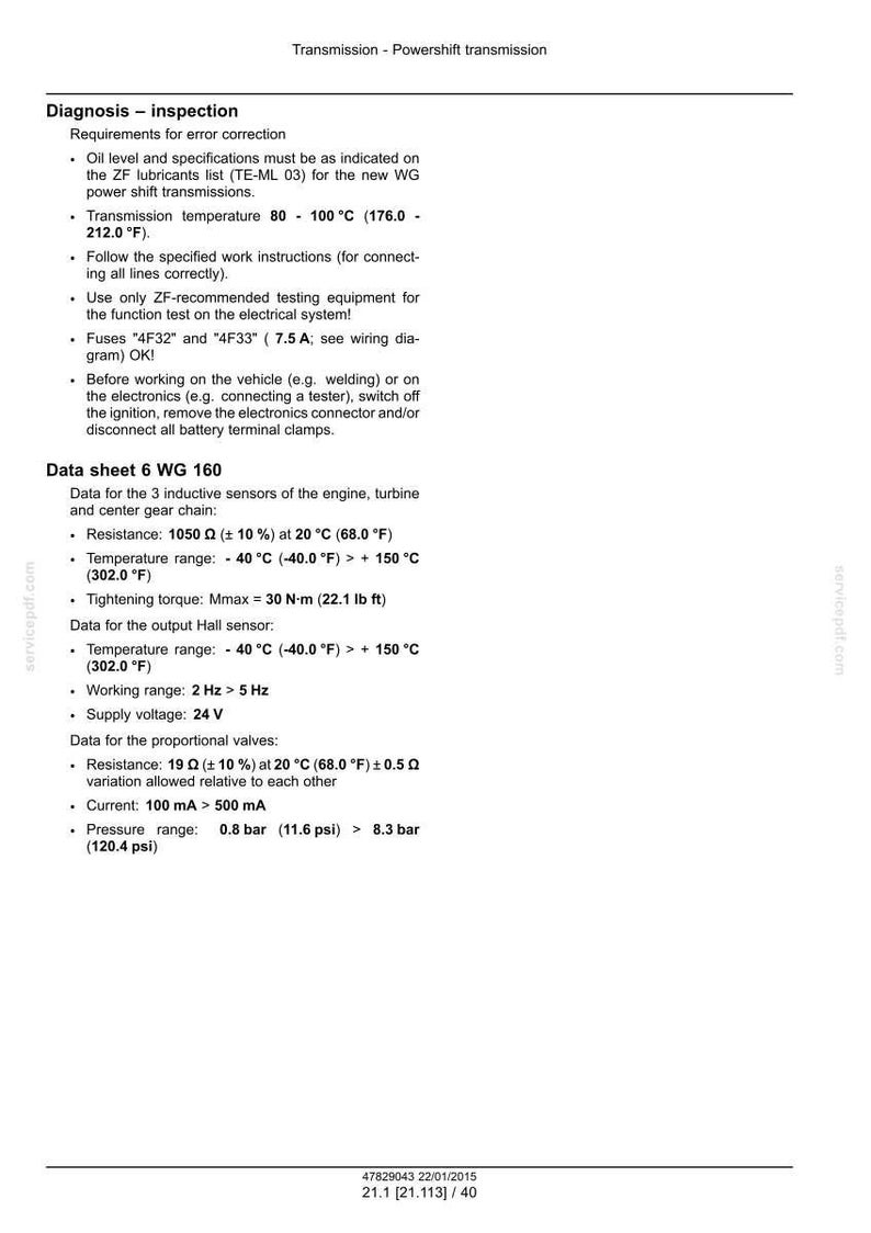 May include: A technical document with the title "Transmission - Powershift transmission." The document includes specifications for error correction, data sheets, and technical details such as temperature ranges, resistance, and voltage.