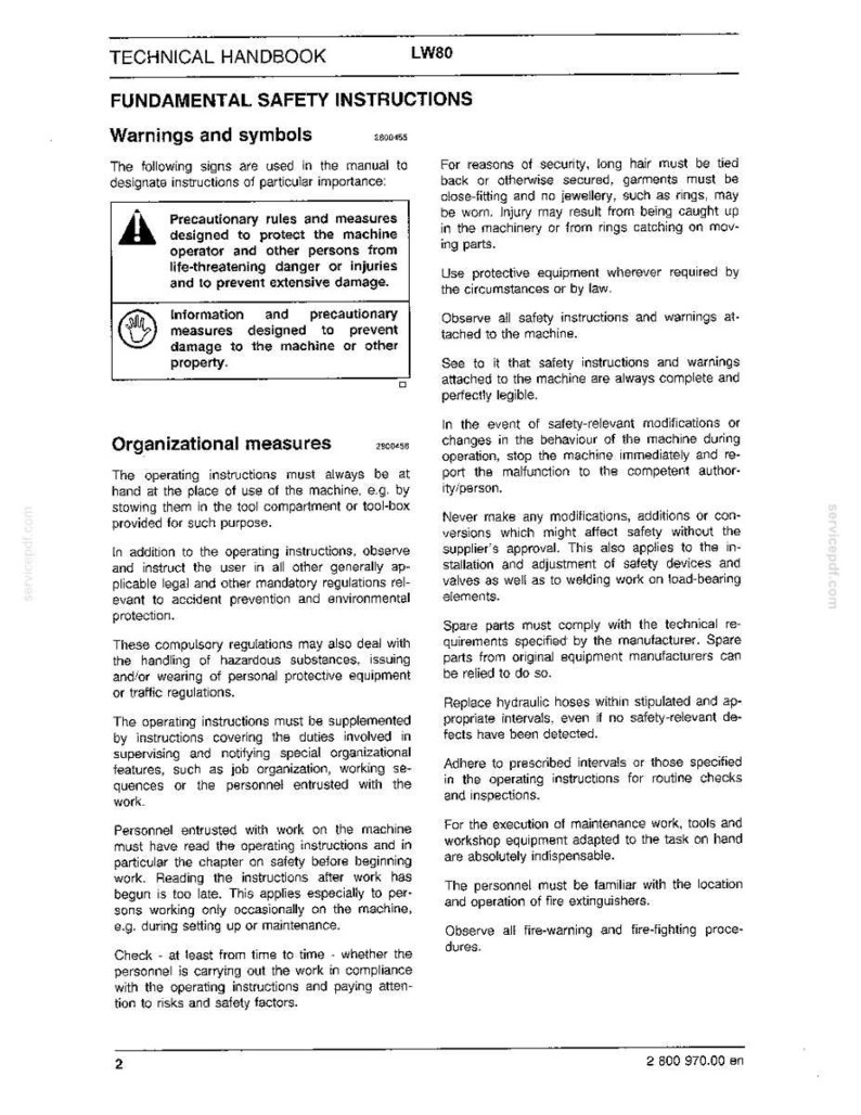May include: A technical handbook page with the title "Fundamental Safety Instructions" and the model number LW80. The page includes warnings, symbols, and organizational measures for machine operation, with text and safety icons.