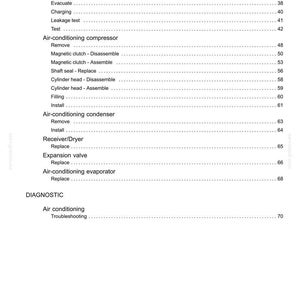 May include: A white document with a list of air conditioning service instructions, including "Overhaul," "Charging," and "Troubleshooting." The document includes page numbers and a date.