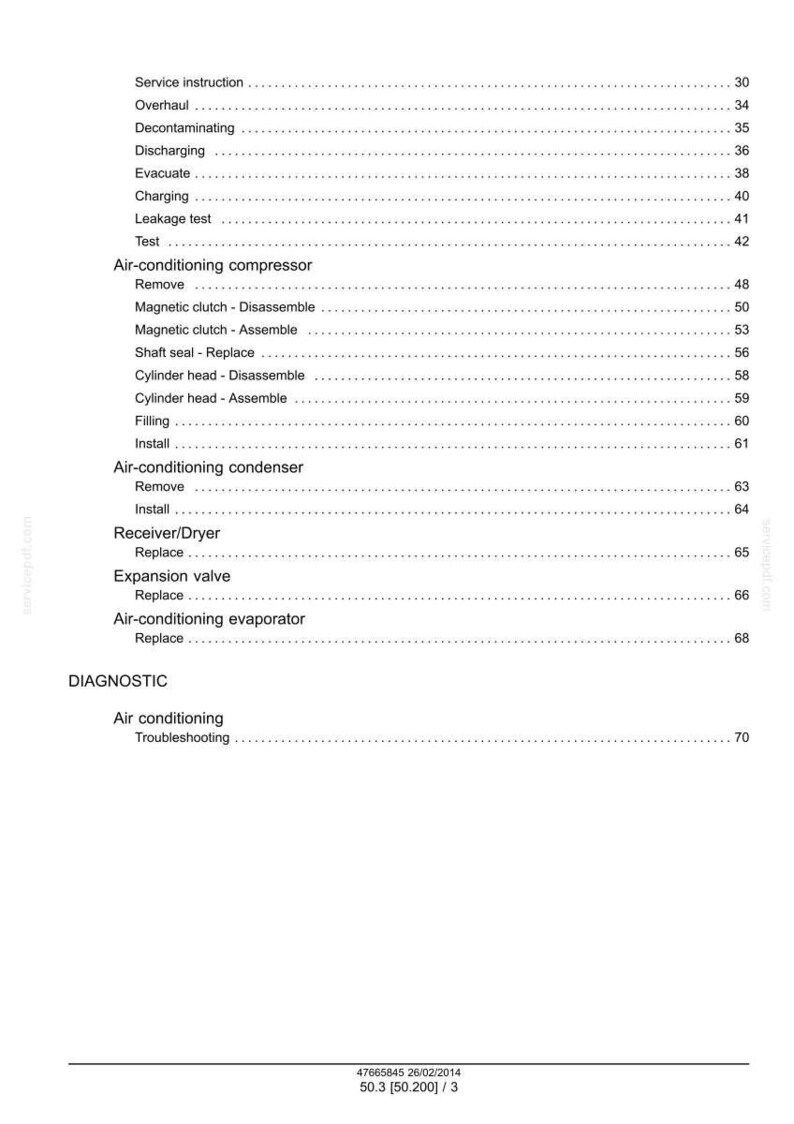 May include: A white document with a list of air conditioning service instructions, including "Overhaul," "Charging," and "Troubleshooting." The document includes page numbers and a date.