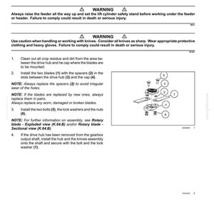 以下が含まれることがあります： ロータリーブレードの取り付けプロセスを示す図。茎チョッパー用。安全上の注意、清掃、ブレードの取り付け、ボルトとワッシャーによる固定などの手順が含まれています。「Rotary blade - Install」というテキストが含まれています。