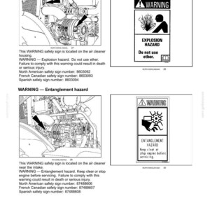 May include: A manual page detailing safety information, featuring diagrams and text. It highlights explosion and entanglement hazards, warning against using ether and advising to keep clear of the engine during servicing.