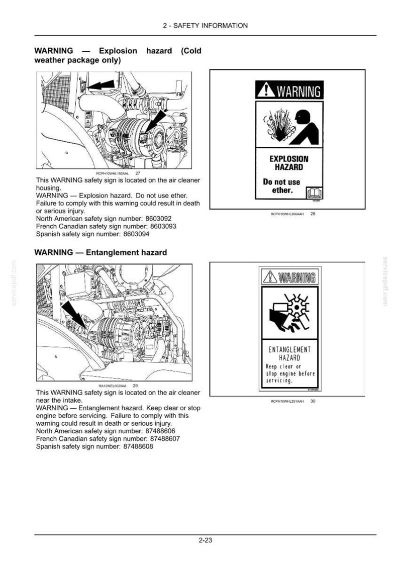 May include: A manual page detailing safety information, featuring diagrams and text. It highlights explosion and entanglement hazards, warning against using ether and advising to keep clear of the engine during servicing.